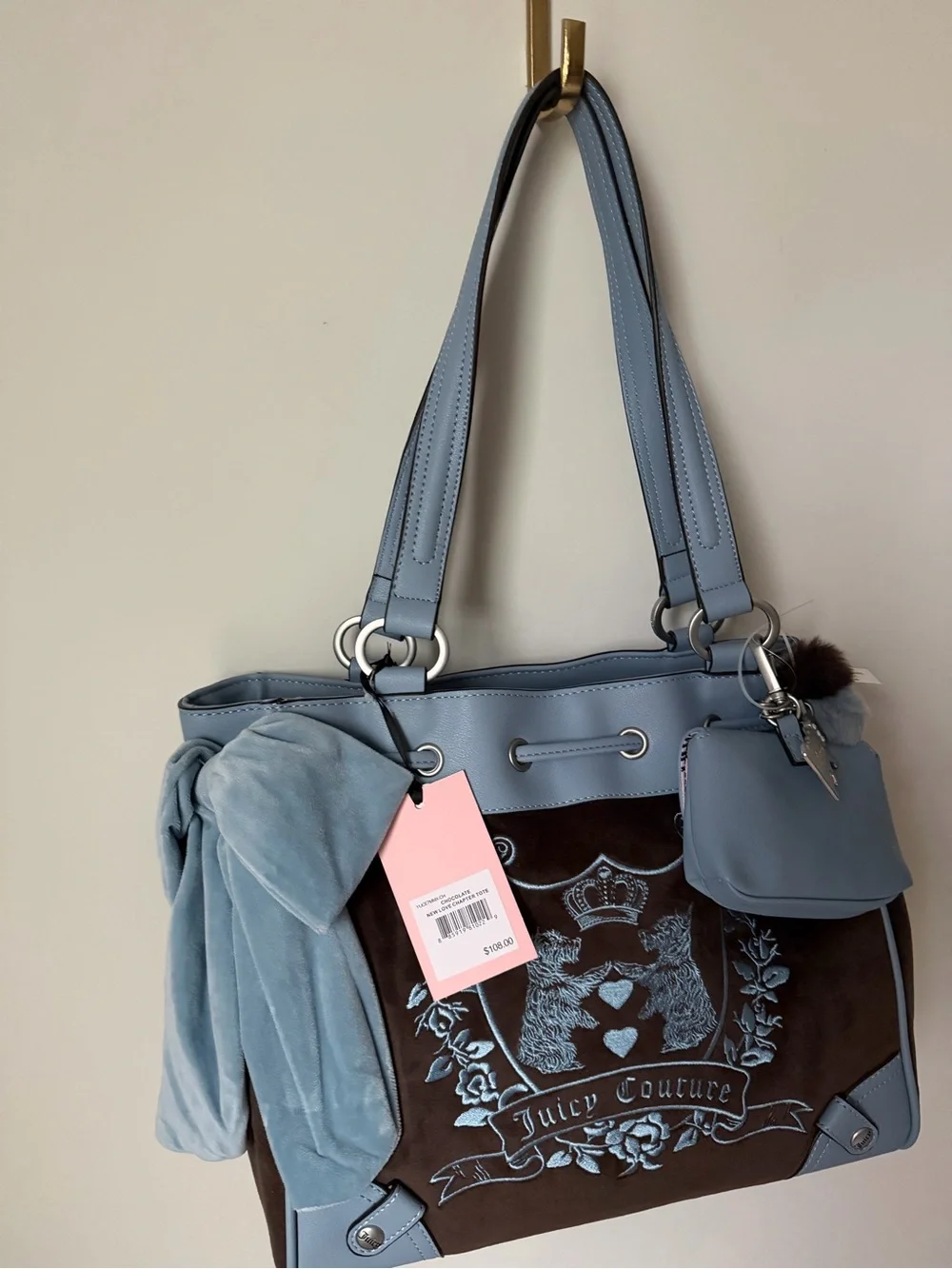 Juicy Couture Blue and Brown Embroidered scottie dog crest daydreamer Tote Bag